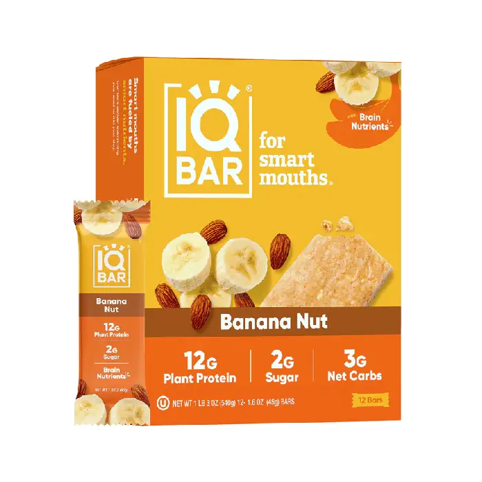 IQBAR Banana Nut (12 Bars) - Brain and Body Plant Protein Bars - 12 Count, Low Carb, High Fiber, Gluten Free, Vegan & Low Sugar Snacks