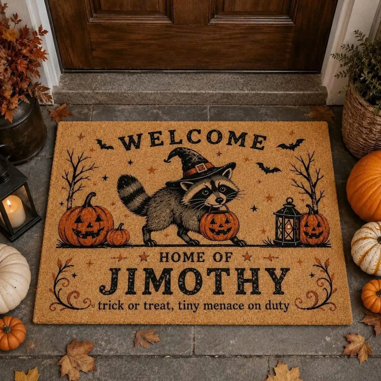 Jimothy Halloween Doormat, Raccoon Witch Welcome Mat, Spooky Fall Decor