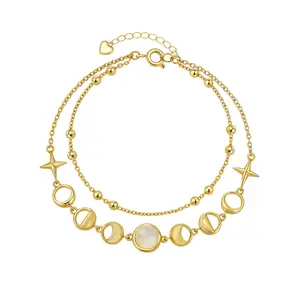 Moonstone Moon Phase Link Bracelet for Women, 14K Gold Plated Celestial New Full Moon Lunar Charm Double Layered Chain Gift for Birthday Christmas Boho Spiritual Jewelry for Wife Girlfriend Daughter