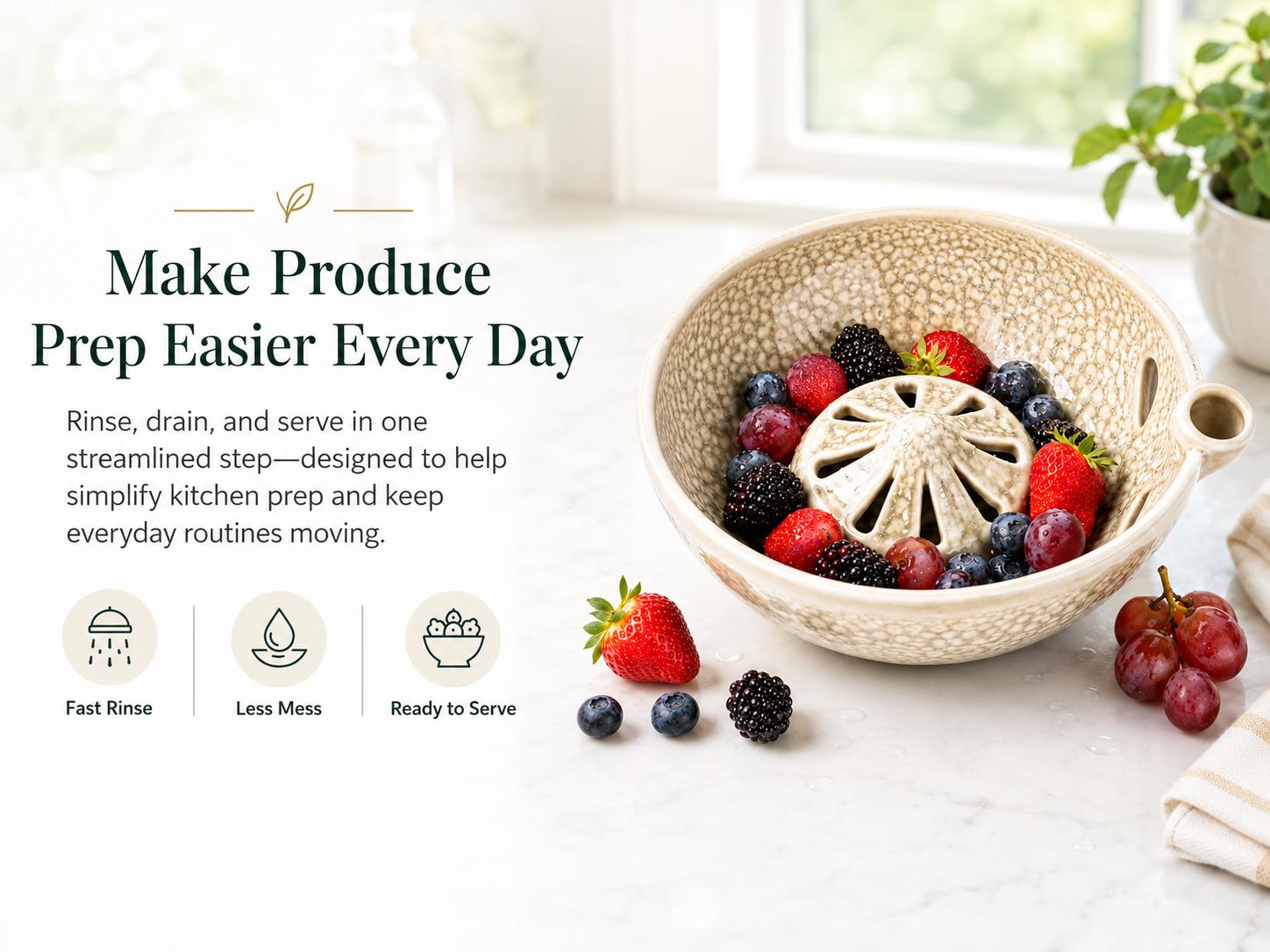 wowsome Self-Spinning Berry Washing Bowl,Glazed Ceramic Berry Bowl with Raised Center and Drainage Holes,Fruit Rinse Colander for Strawberries,Blueberries,Grapes,Cherry Tomatoes and Small Produce