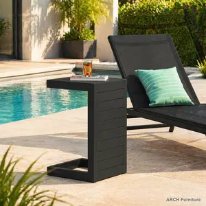 Modern Lightweight C-Shaped Outdoor Table - 14x15x24" Clean Lines, ARCH CAPE CORAL Aluminum Frame, Black Metal Base, Quick-Set Outdoor Furniture Piece