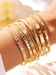 7pcs Set Exaggerated Personalized Hammered Hexagram Twist Open Bangle Bracelet Set, Ethnic Style Jewelry, Perfect for Daily Wear and Gift Giving