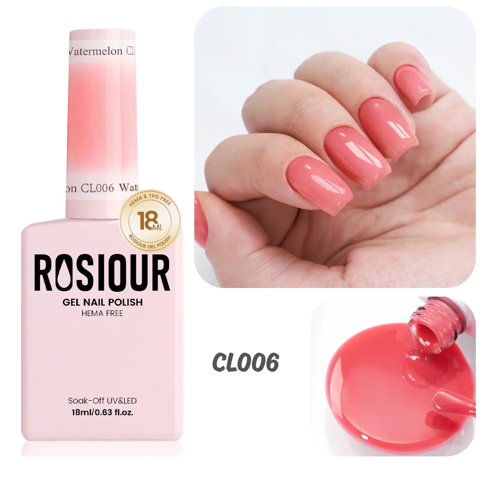 ROSIOUR 18ml Sheer Jelly Gel Polish | Watermelon CL006 | HEMA-Free, TPO-Free | Sheer Jelly Finish | Perfect for Nail Art & French Tips