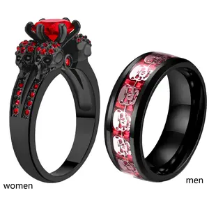 2 Skull Rings His And Hers Couple Rings Skeleton Black Rings Red Cz Womens Wedding Ring Punk Titanium Steel Mens Wedding