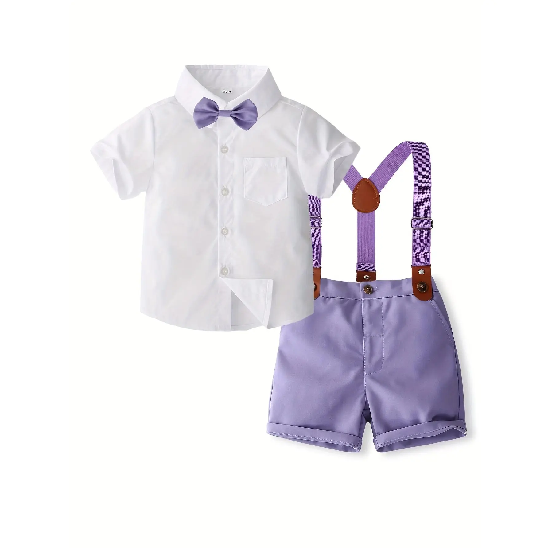 Boys' Gentleman Banquet Suit Pure White Short Sleeve Shirt with Purple Pants and Bow Tie Dapper Kids Party Two-Piece Set