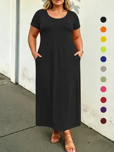 Plus Size Loose Solid T-Shirt Dress, Round Neck Short Sleeve With Side Pockets, Versatile Plus Size Everyday Casual Maxi Dress
