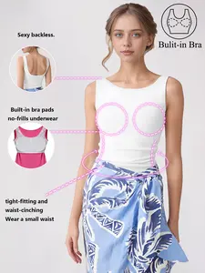 1pc 2025 Summer Built-in Chest Pad Tank Top Spring and Summer Casual Round Neck Short Backless No Binding Feeling Cute Sleeveless Shirt Vacation Fashion Clothing 016.