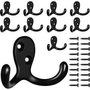 10 Pack Coat Hooks Wall Hooks for Hanging, Heavy Duty Double Prong Metal Hook Wall Mounted for Living Room, Bathroom, Kitchen, Bedroom for Coat, Bag, Scarf, Towel, Hat, Key, Cup (Black)