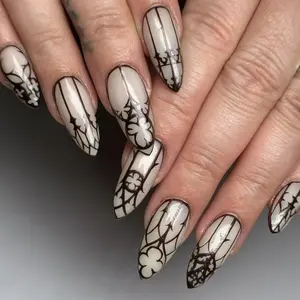 Almond Press on Nails Medium Length Fake Nail Black Goth Acrylic Glue on Nail Glow in the Dark False Nails with Designs Full Cover Glue on Nails 24Pcs