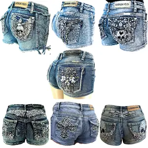 McBling Denim Shorts Y2K Mid Waist Skull Wing Cross Plus Stretch biker rocker vintage Rock rhinestone vaquera Embroidered street Alt emo edgy Fit