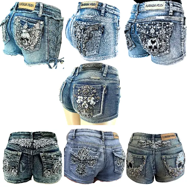 McBling Denim Shorts Y2K Mid Waist Skull Wing Cross Plus Stretch biker rocker vintage Rock rhinestone vaquera Embroidered street Alt emo edgy Fit