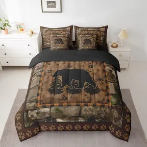Feelyou 7-Piece Bear Bedding Set - Wild Animal Comforter with Sheets, Rustic Cabin Brown Bear Footprint Bedroom Bedding Set for Kids, Decorative Country Bed-in-a-Bag, Decorative Bedding Set