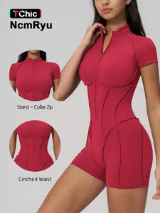 Women's Sportswear Jumpsuit, Half-Zip Stand Collar Short Sleeve, High Elasticity, Breathable, Quick-Dry, Shaping Design, Comfortable Fit