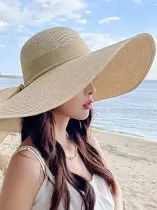 Women's 2024 Trendy Bow Decor Country Straw Hat, Boho Style Wide Brim Sun Hat for Beach Vacation, Fashion Chic Accessories for Women & Girls