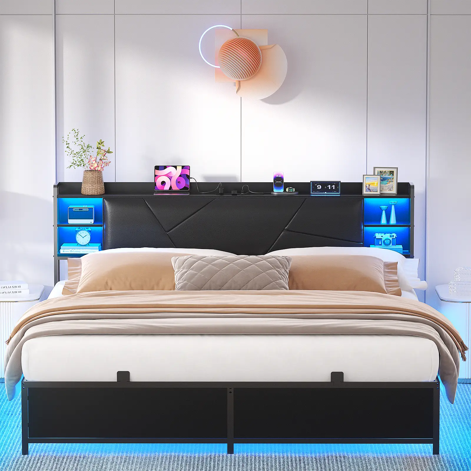 Homieasy Queen Size Bed Frame with Charging Station and RGB LED Lights, Sturdy Platform Bed with Upholstered Storage Headboard, Solid Metal Slats, Noi