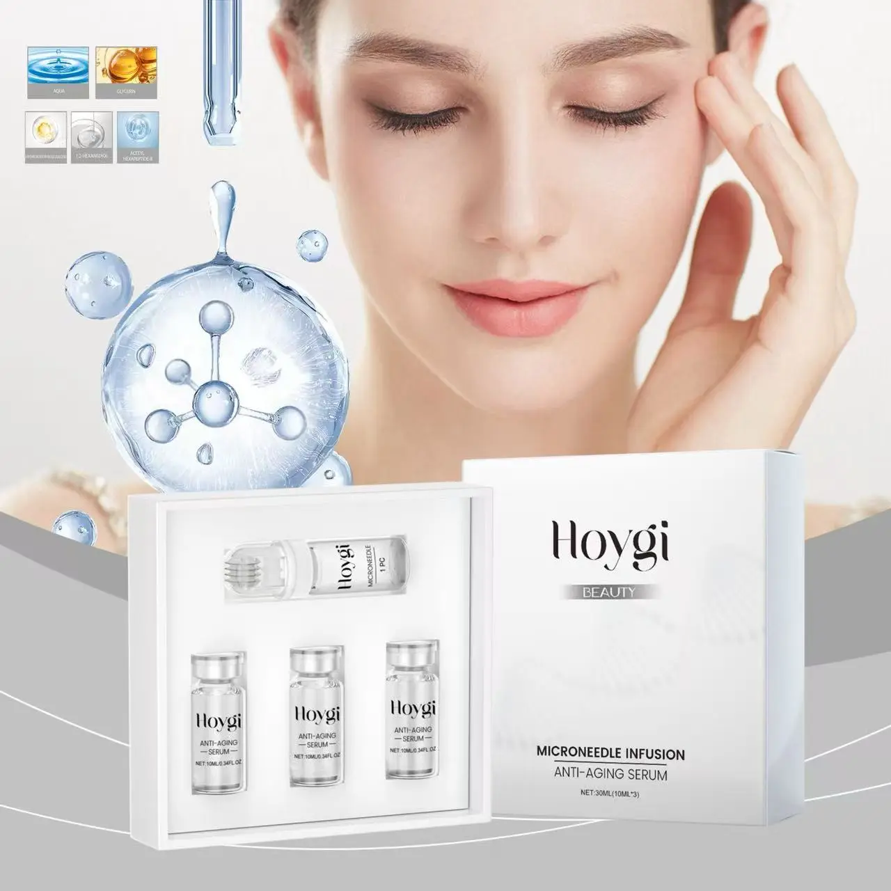 Women's Hyaluronic Acid & Collagen Peptide Facial Serums & Essences Set with Massage Roller Bottle - 4 Non-Toxic Bottles, Moisturizer to Hydrate, Smooth & Anti-Aging
