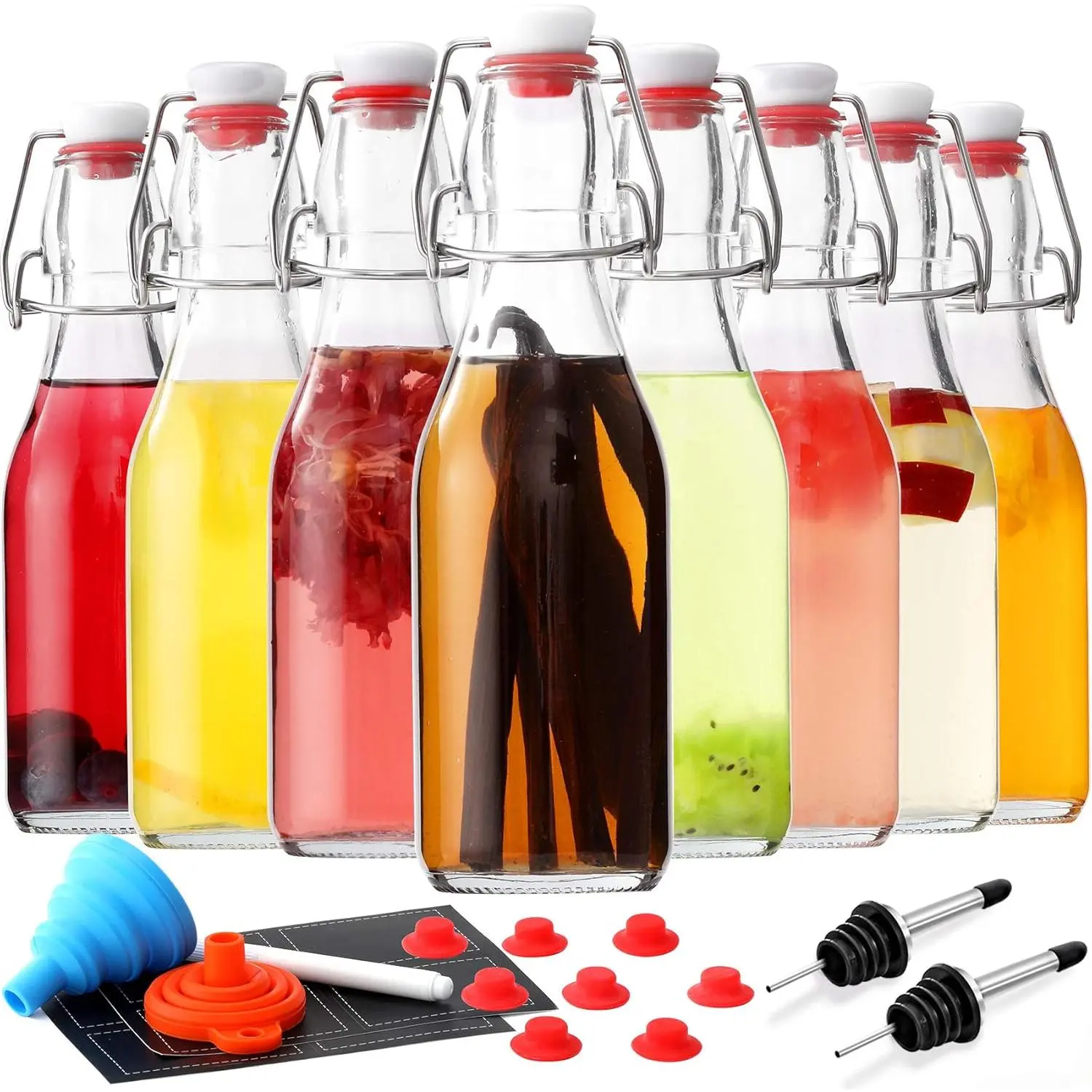 8-Pack 8.5oz Flip Top Glass Bottles, Swing Top Beer Brewing Bottle for Fermentation, Kombucha, Kefir, Vanilla Extract, Coquito, Juice, Soda, Tea - Airtight Stopper Cap Lid, Bonus 2 Bottle Pourers