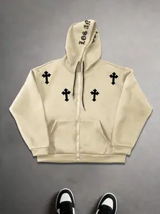 Unisex Fall & Winter Fleece-Lined Hoodie, Simple Cross Print, Comfortable Versatile Fashion Jacket, Casual Zip-Up Sweatshirt