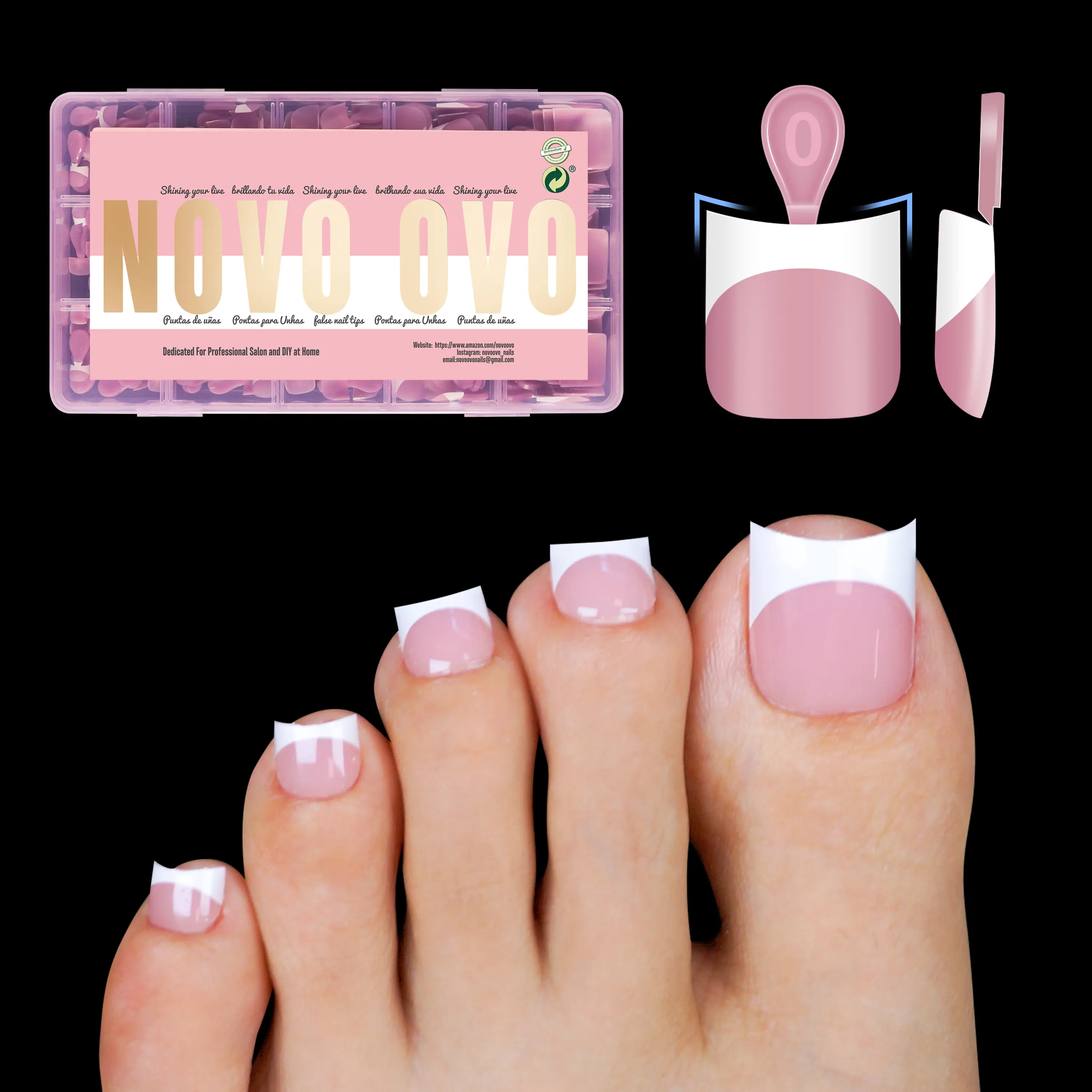 NOVO OVO White French Tip Toe Nail Tips for Medium & Short Nail Beds with Moon Curve, BERRY PINK Sharp Square,Thick Toenail Extension, Soft Gel False Nail Kit,Full Cover Acrylic,DIY x15 Sizes 240 pcs【NO GLUE & TOP COAT INCLUDED】