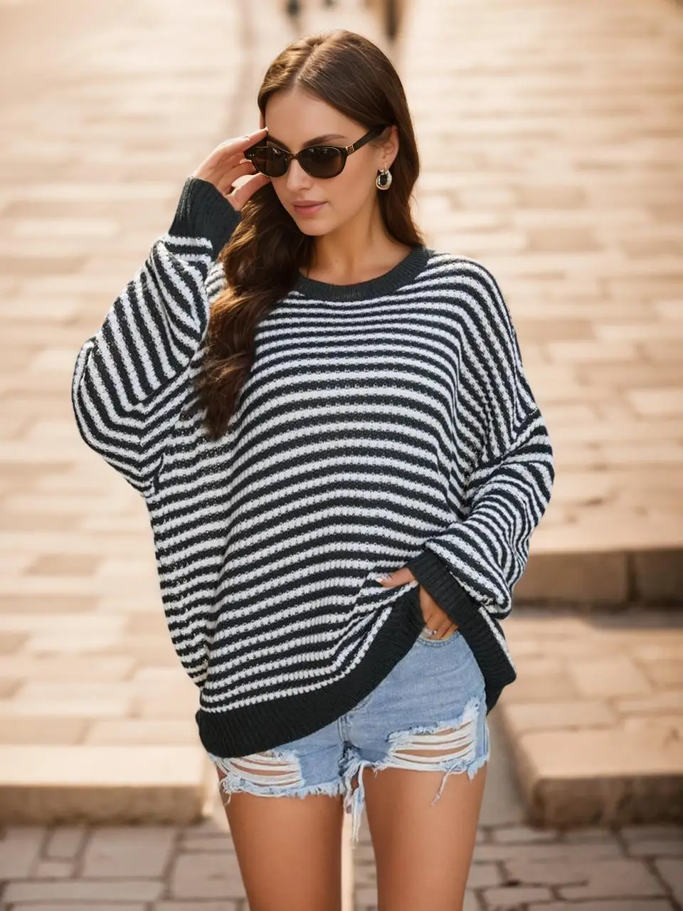 Women's Striped Print Crewneck Knitting Sweater, Casual Comfort Long Sleeve Round Neck Jumper, Women's Sweaters, Going Out Tops, Sweaters for Women,