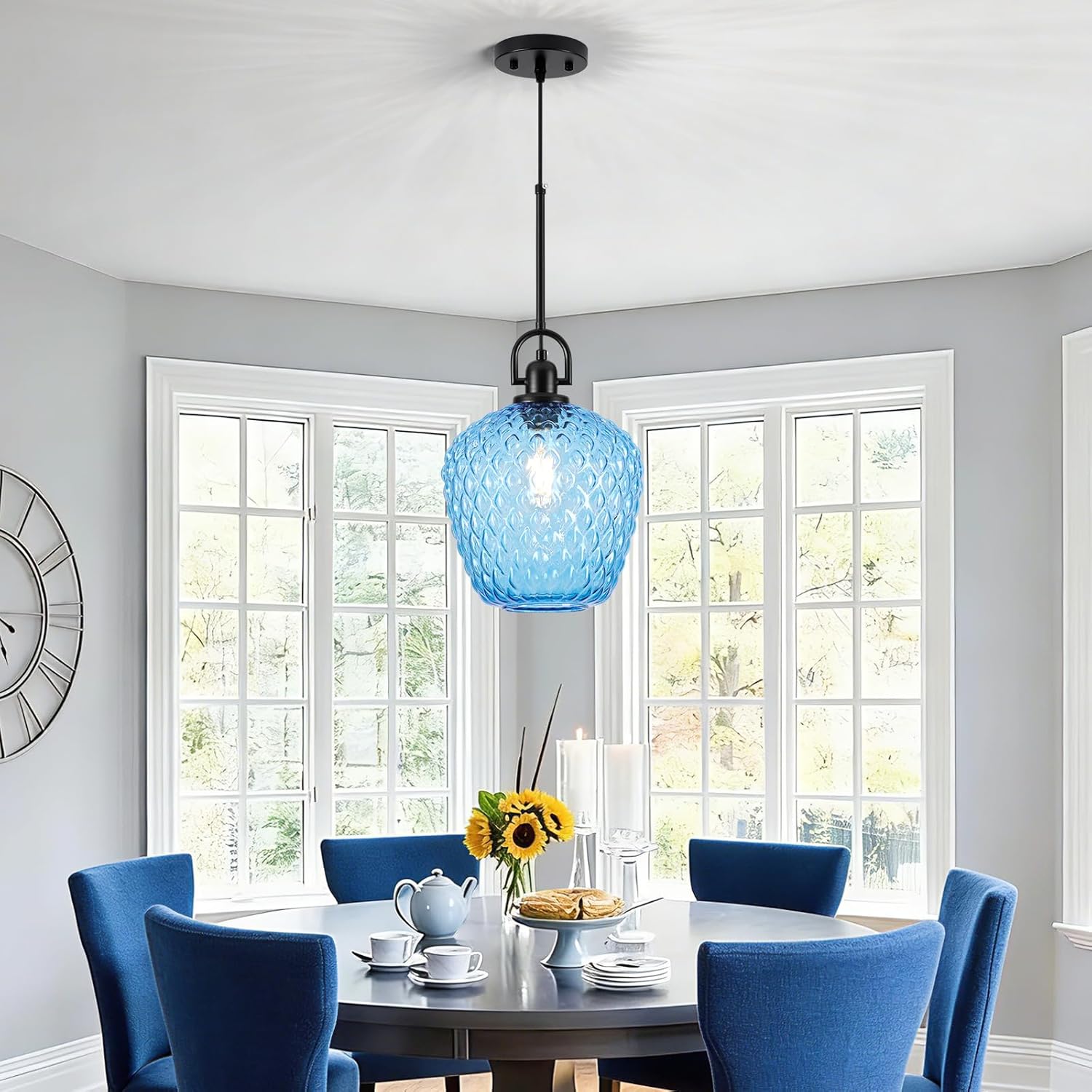 Large Glass Pendant Lights Kitchen Island, 10" 1-Light Black Fixtures with Blue Hammered Glass Modern Hanging Light for Kitchen Island Dining Room Entryway Foyer
