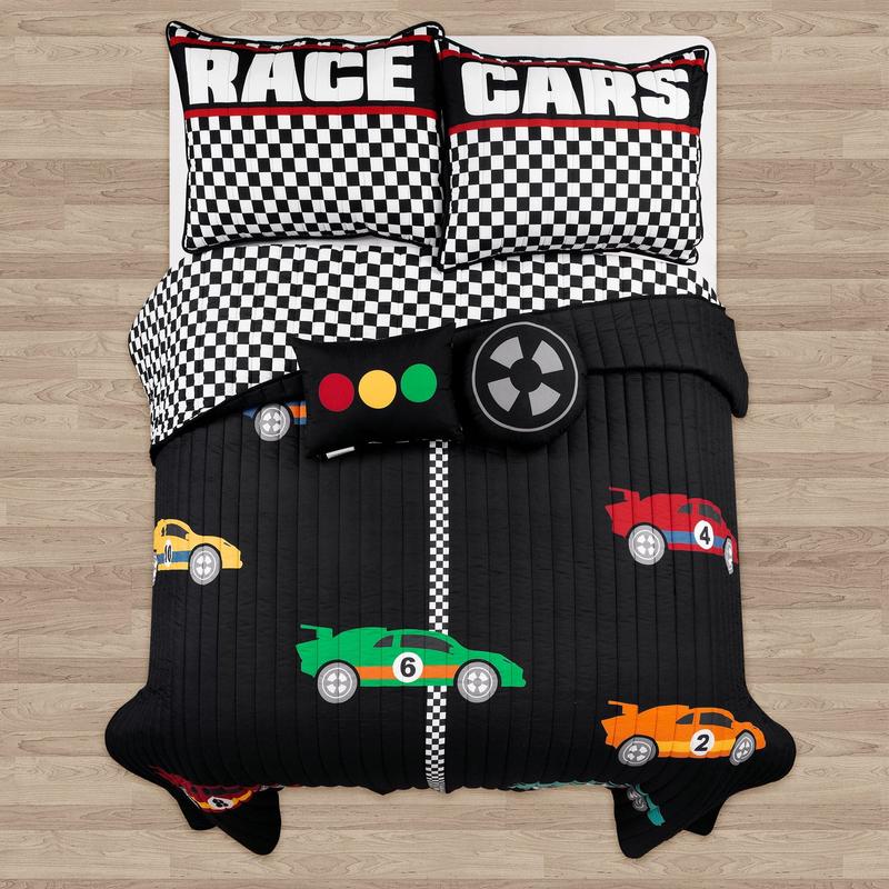 Lush Decor Racing Cars Quilt Set 4Pc or 5Pc - Microfibre Cartoon Pattern Blanket - Twin/Full/Queen Sizes with Reversible Shams & Decorative Pillows - OEKO-TEX Certified
