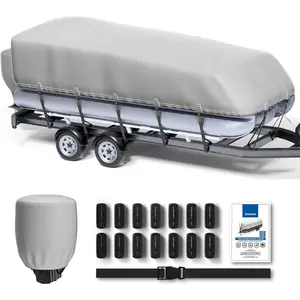 Pontoon Boat Cover,Pontoon Waterproof and Sunproof Boat Cover,Towable Boat Grade Polyester Canvas Heavy Duty Boat Cover with Tightening Straps and Engine Cover, Grey