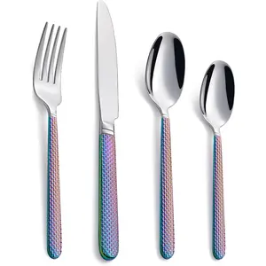16-Piece Rainbow Silverware Set,18/0 Stainless Steel Cutlery Set, Service for 4, Modern Silverware Set Includes Dinner Knives Forks Spoons, Mirror Polished, Dishwasher Safe