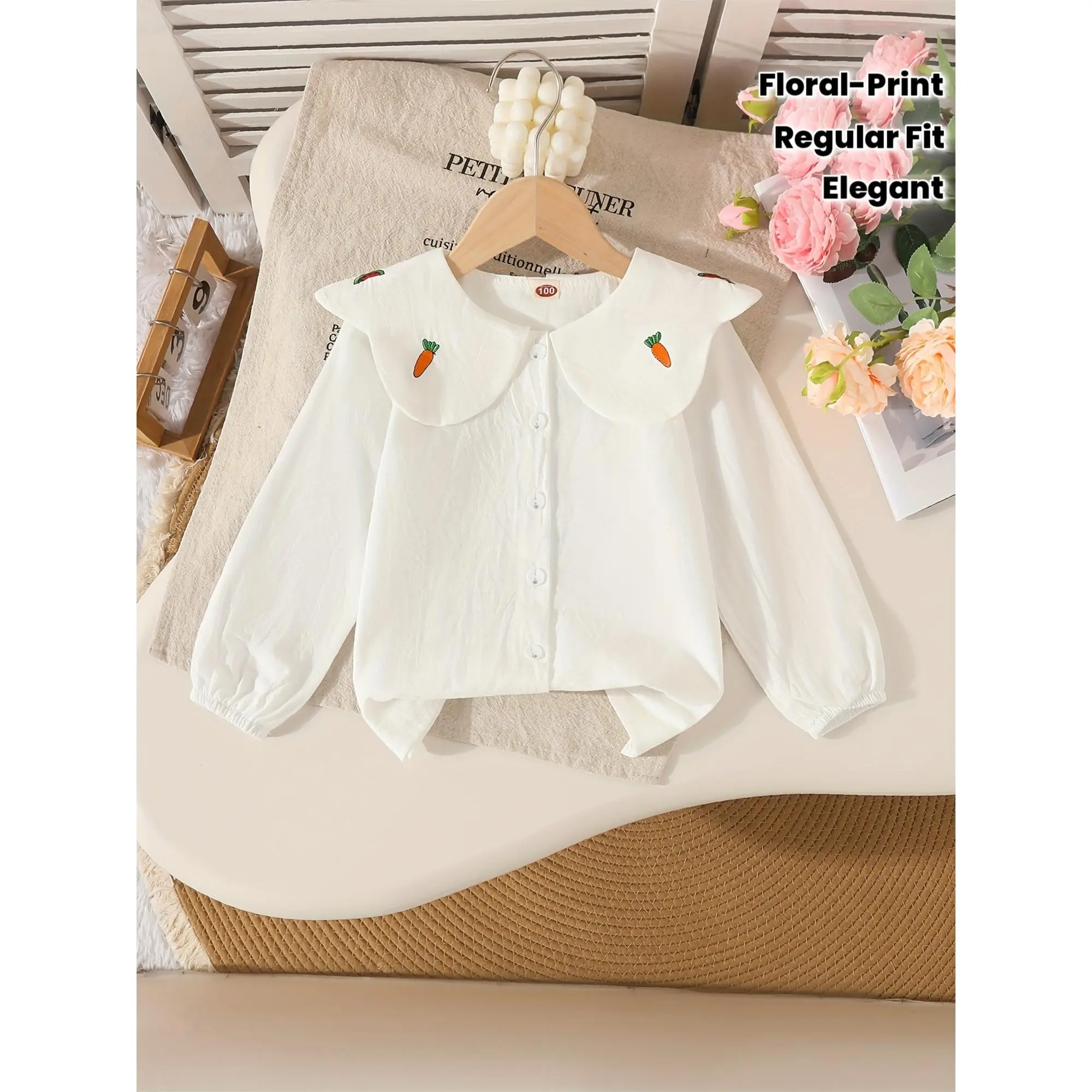 Girls' Floral Print Ruffle Shirt, Casual Long Sleeve Blouse with Lapel Collar, Regular Fit Cotton Blend Top for Kids' Spring Fall Wear, Casual Wear, Elastane, Blouse/Shirt, 3 - 4 Years, Basic, Dry Clean, Hand Wash Only