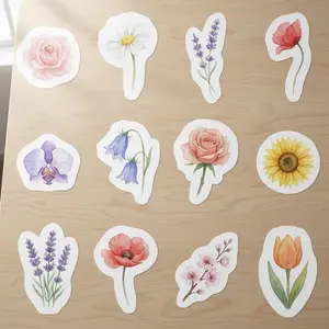 12 Pack Vinyl Sticker Set, Watercolor Flowers, Rose Sunflower Lavender Poppy Tulip Hydrangea, Botanical Decals, Floral Gift for Her