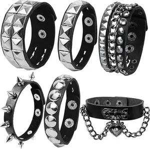 Summer Spring Gift  6 PCS Leather Bracelets for Men Women Punk Goth Rock Spiked 80s Stuff Cool Metal Studded Accessories Black Cuff Wristband for Party Cosplay Night Club Sexy Gift