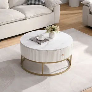 31.5 Inch Modern Round Coffee Table with Drawers, Faux MarbleTable with Storage, Coffee Table for Living Room