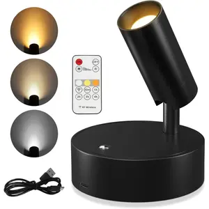 Wireless LED Spotlight Indoor, Rechargeable Uplighting Indoor with Remote Dimmable, Lighting Modes Adjustable, 350° Rotate, Battery Powered Ceiling Spotlight for Artwork Painting Tree Plant Picture Lights, Home Decor Light