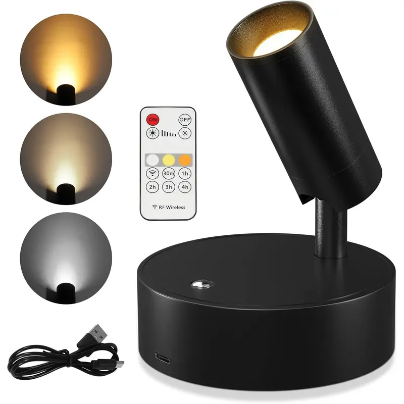 Wireless LED Spotlight Indoor, Rechargeable Uplighting Indoor with Remote Dimmable, 350° Rotate, Battery Powered Ceiling Spotlight for Artwork Painting Tree Plant Picture Lights, Wireless Wall Light