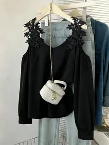 Women's Plain Lace Splicing Shoulderless Top Blouse, Casual Loose Fit Long Sleeve Shirt, Fashionable All Seasons Design