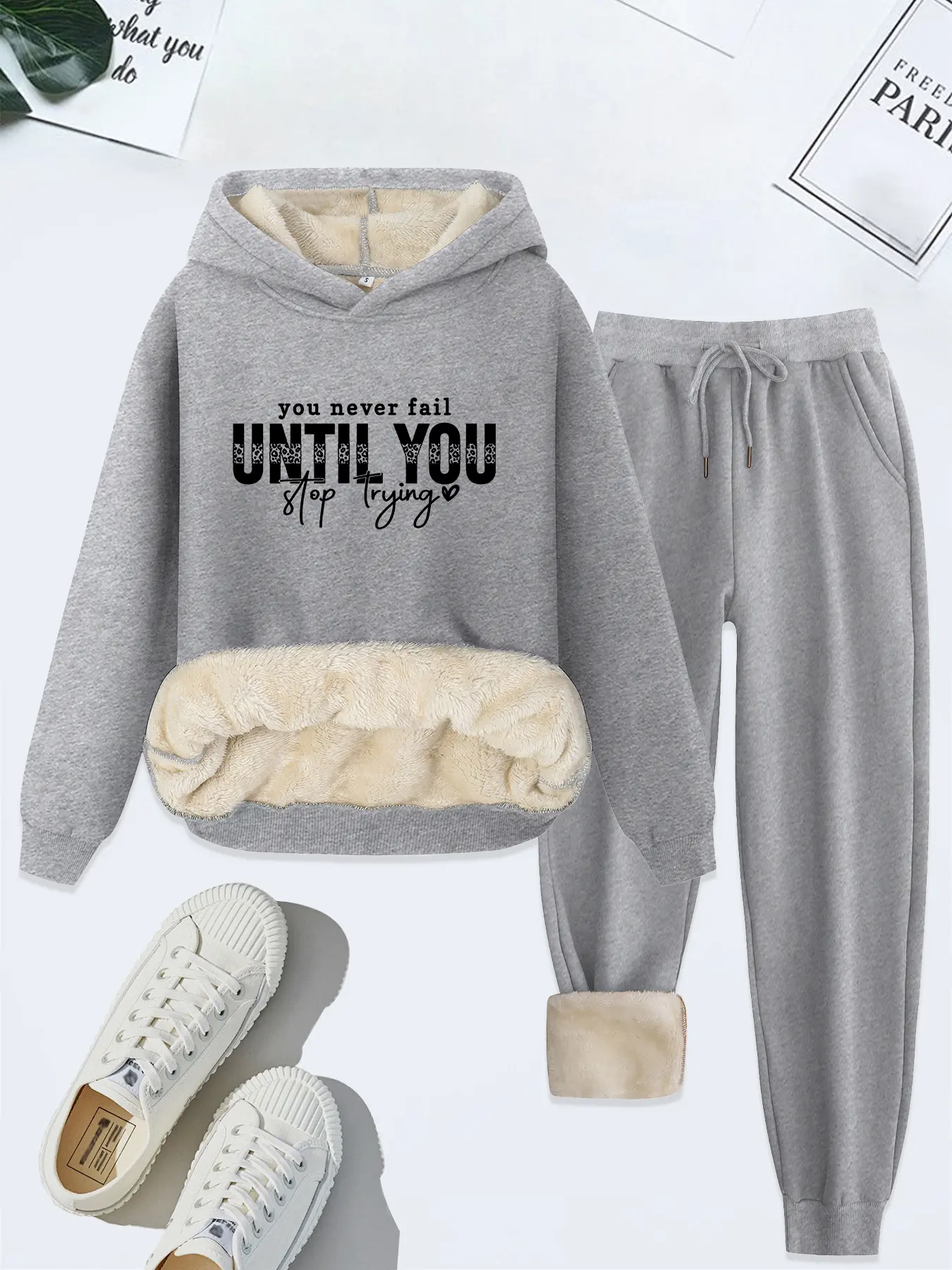 Women's Hooded Sweatshirt Set, Letter Print Casual Baggy Loose Fit, Fleece Lined Thickened, Fall & Winter Wear, Plain Color Two-Piece Suit