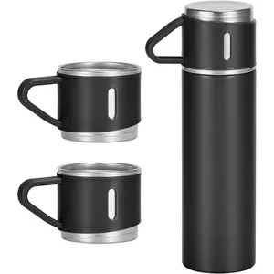 Portable 500ml/17 Oz Stainless Steel Vacuum Insulated Thermo Bottle Set with 3 Cups, Kitchenware Drinkware for Hot and Cold Beverages