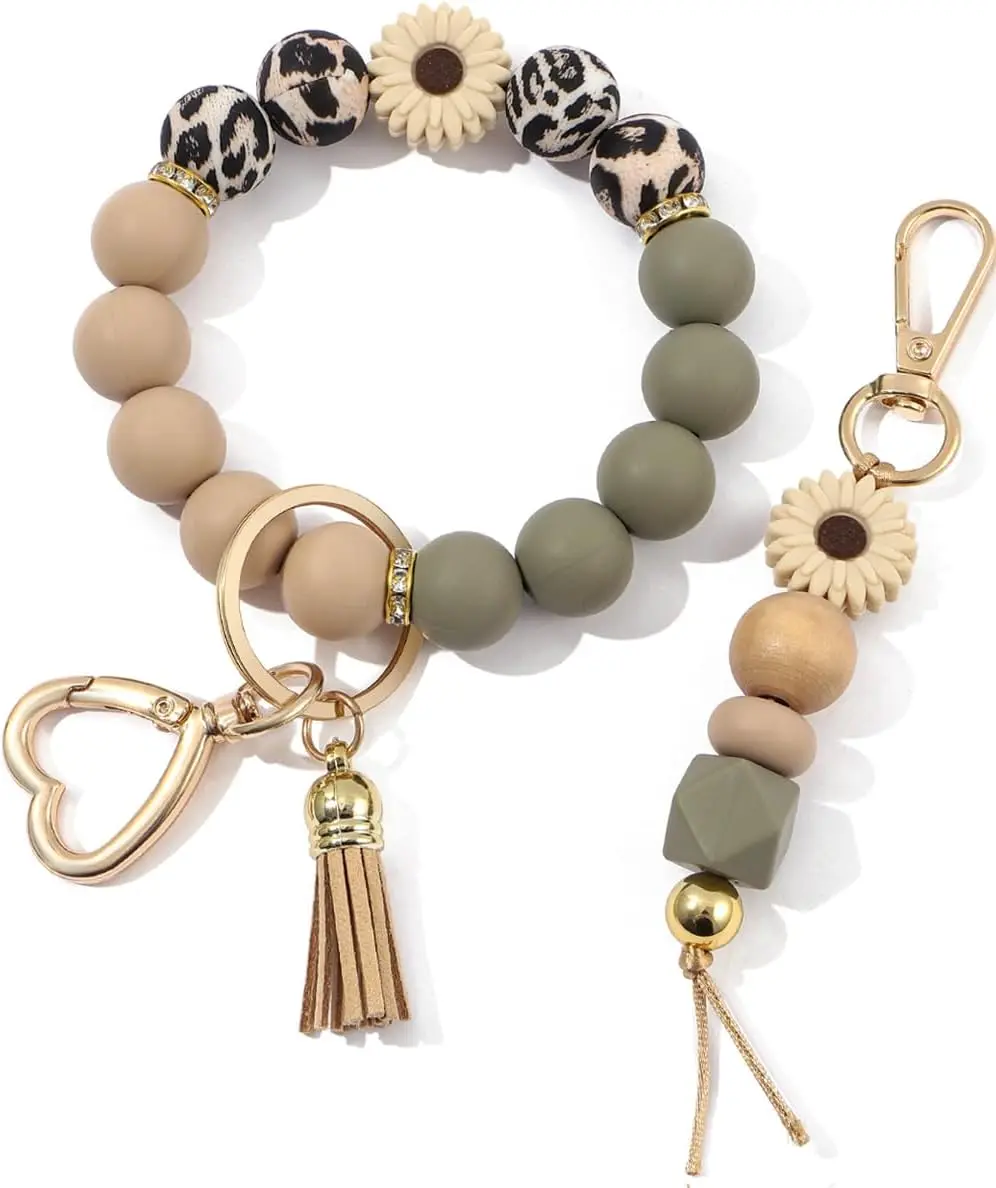 2PCS Silicone Beaded Wristlet Keychain Set, Upgraded Key Ring Bracelet Keychains for Women