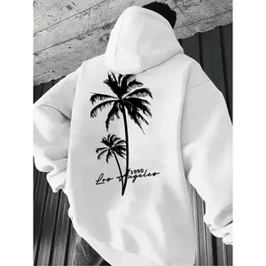 Men’s Graphic Hoodie with Tropical Coconut Tree Print, Casual Drawstring Pullover with Front Pocket, Long Sleeve Streetwear for Fall Winter Daily Outfit