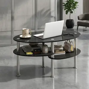 Black Oval Tempered Glass Coffee Table, Metal Frame 2-Tier Storage Side Table, Safe Round Corner Leisure Tea Table Practical Furniture For Living Room Home Use