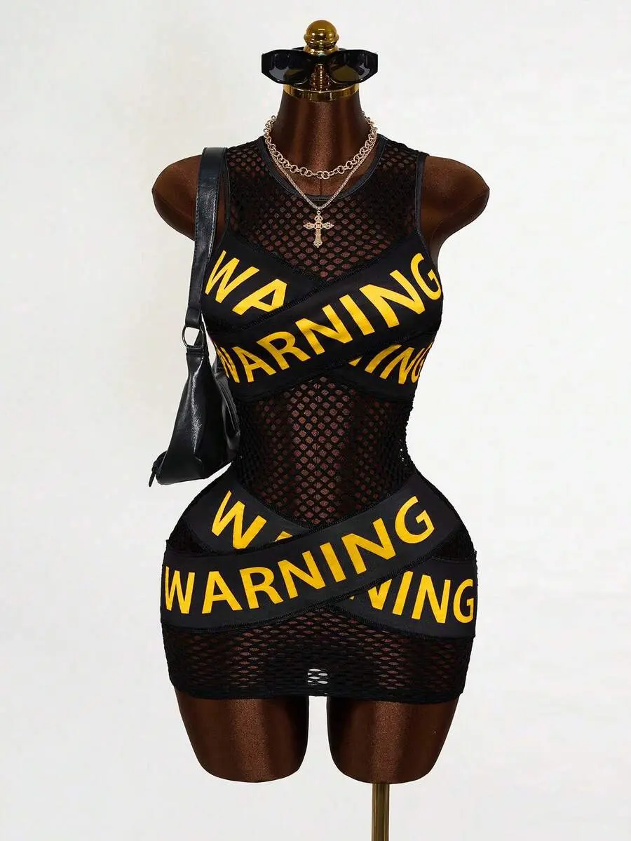 Lumina x Mistrie New Women's Mini Dress That Is Tight And Slimming, With Printed Mesh And Slogan Graphics, Street Photography, Music Festival Parties