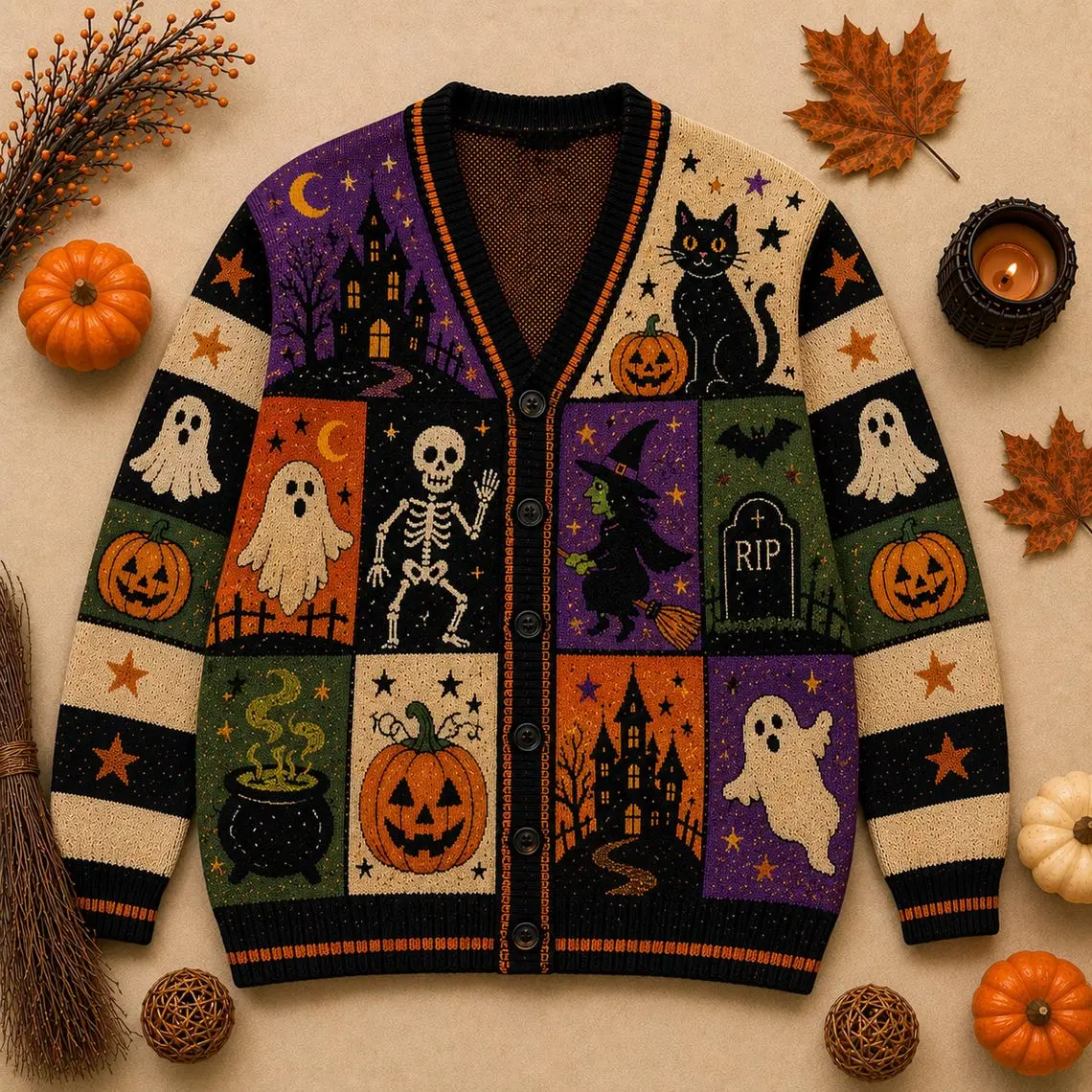 Halloween Patchwork Knitted Cardigan, Ghost Pumpkin Black Cat Witch Haunted House Cozy Button Up Sweater, Spooky Fall Gift