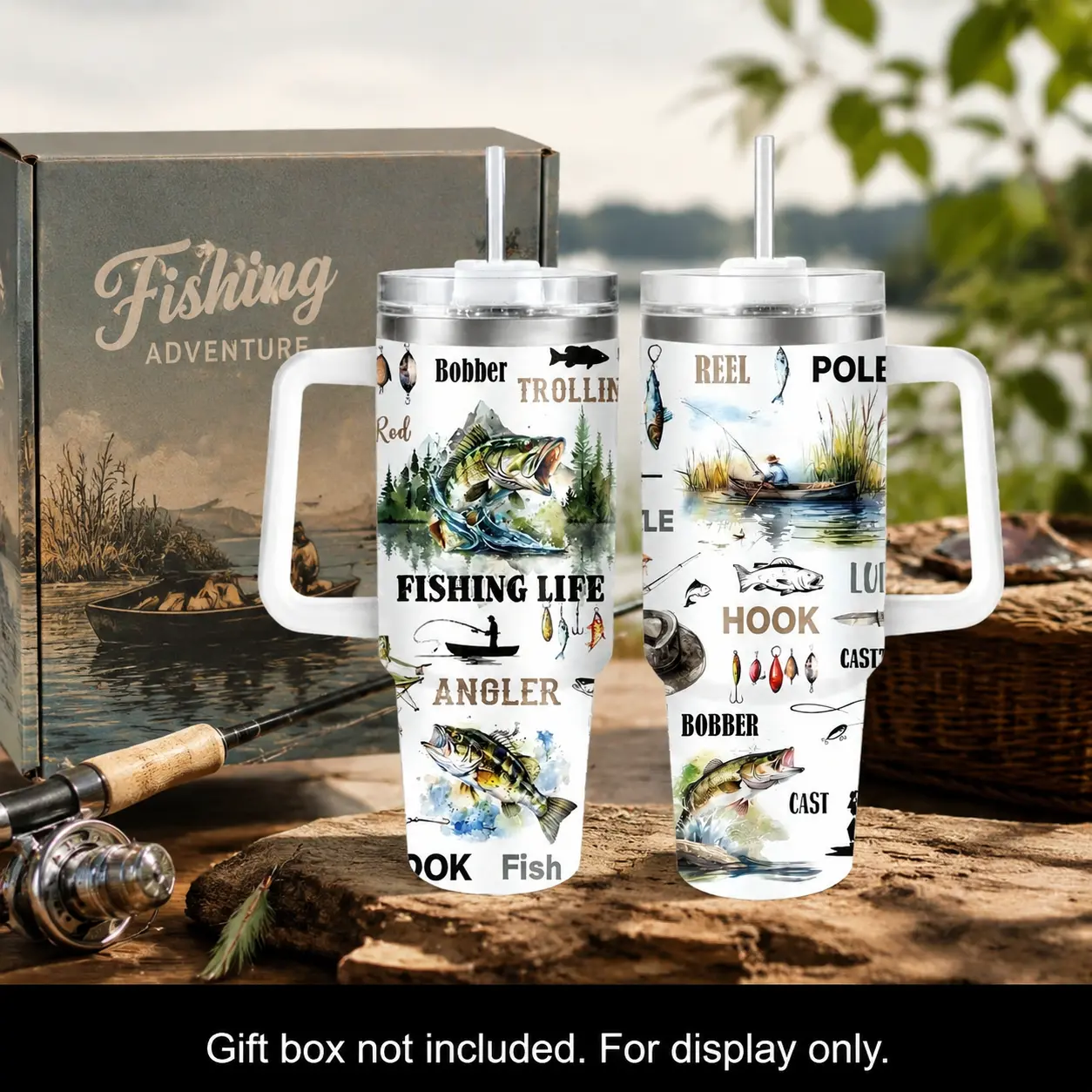 1-Pack 40oz Insulated Stainless Steel Flask Tumbler with Handle, Lid & Straw - BPA-Free, Leak-Proof, Fish Design with Lures & Hooks - Car Use, Gifts for Fishing Enthusiasts