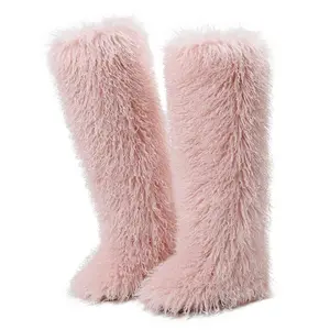 EROCALL Fuzzy Over-The-Knee Boots for Women Fluffy Faux Fur Construction Trendy Statement Footwear Cozy Warm Design Round Toe Slip-On Style Perfect for Winter & Fashion-Forward Outfits Eye-Catching SpringStatements