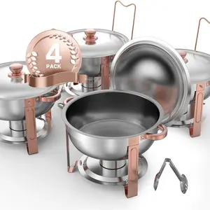 VEVOR Chafing Dish Buffet Set,  5 Qt 4 Pack, Stainless Steel Chafer with 4 Full Size Pans, Round Catering Warmer Server with Lid Water Pan Folding Stand Clip, for Weddings Parties Banquets, Rose Gold