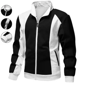 Retro black and white contrasting color stand-up collar cardigan jacket, trendy casual sports zipper sweater men
