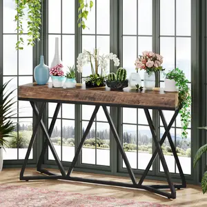 Tribesigns 55 Inch Console Table with Unique Metal Base, Rustic Brown Finish, Industrial Accent Table for Foyer, Living Room & Hallway - Furniture