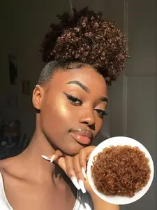 60g Short Synthetic Afro-Style Ponytail Extension, 8-Inch Fluffy Afro Drawstring Ponytail in Brown-Burgundy, Natural Texture, Clip-In Style, Curly Buns, Festive Gatherings and Special Occasions, Synthetic Hair Extension