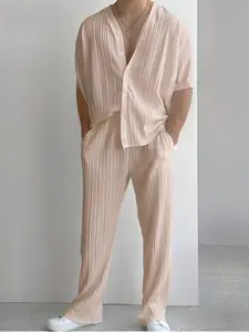 Men's Beige Textured 2Piece Casual Set, Loungewear - Short-Sleeve V-Neck Cardigan (with Vertical Pleats & Button Closure) + Matching Drawstring Pants (Coordinating Pleated Fabric), Oversized Fit, Ideal for Summer Daily Casual, Café Lounging & Weekend Out