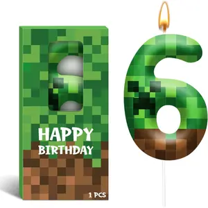 Pixel Birthday Candle, 2.36 Inch Green Miner Number 6 Candles, Game Theme Cake Topper Candle Birthday Party Decoration Party Supplies